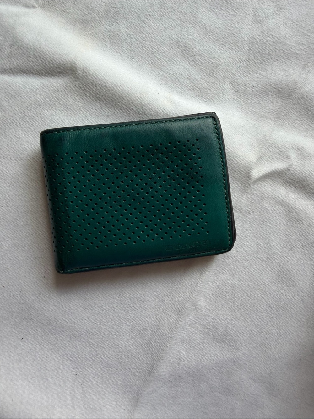 Coach- Green Perforated Leather Bifold Wallet -